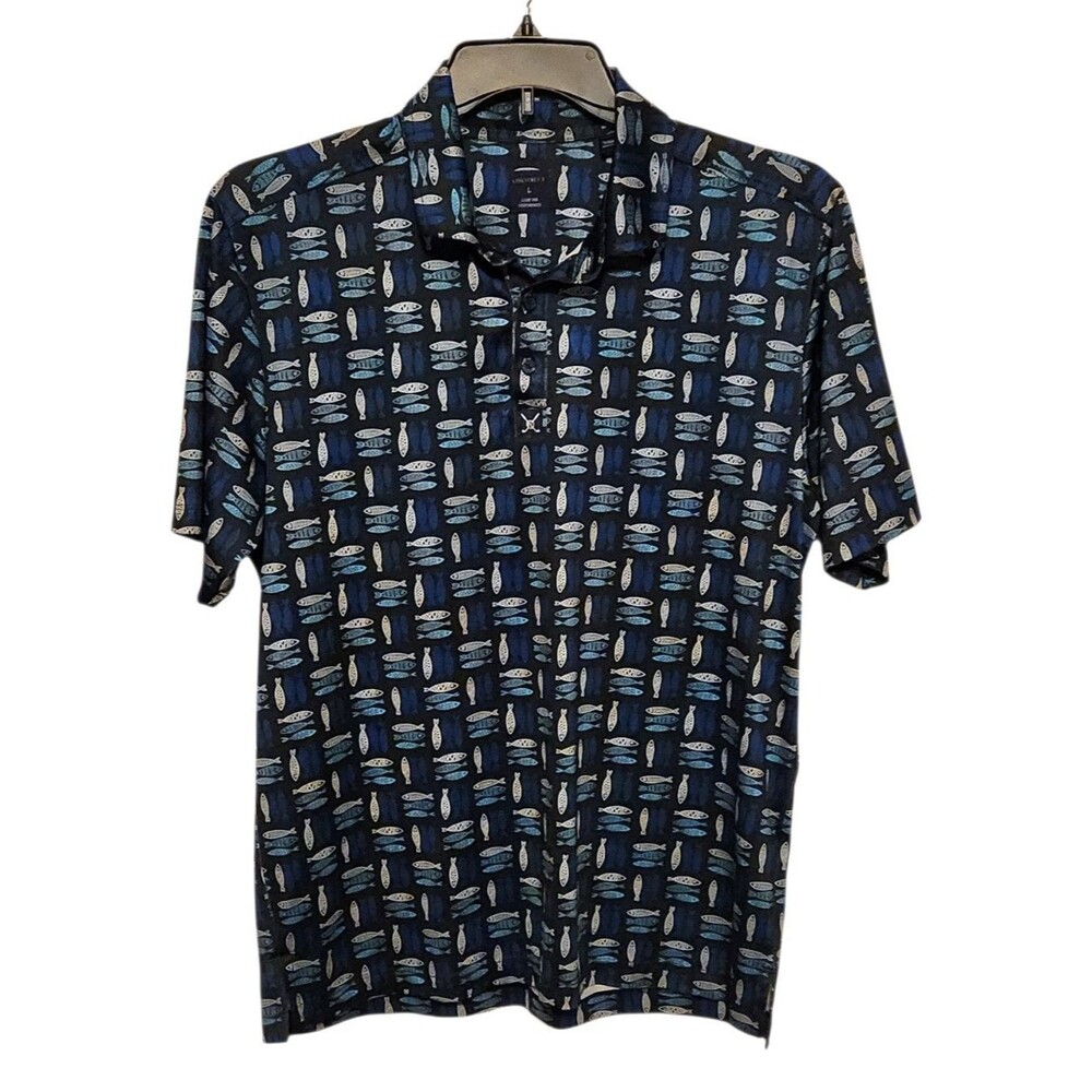 Construct Performance Polo Shirt Quick Dry Black w/ Multi Color Fish Mens Size L